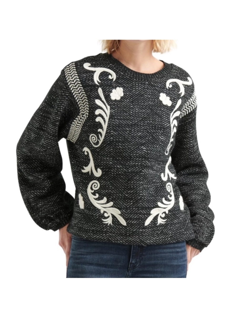 Lucky Brand Black & White Embroidered Boxy High-Low Pullover Crewneck Sweater XL